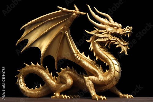 Chinese new year 2024 golden wooden dragon statue with dark background