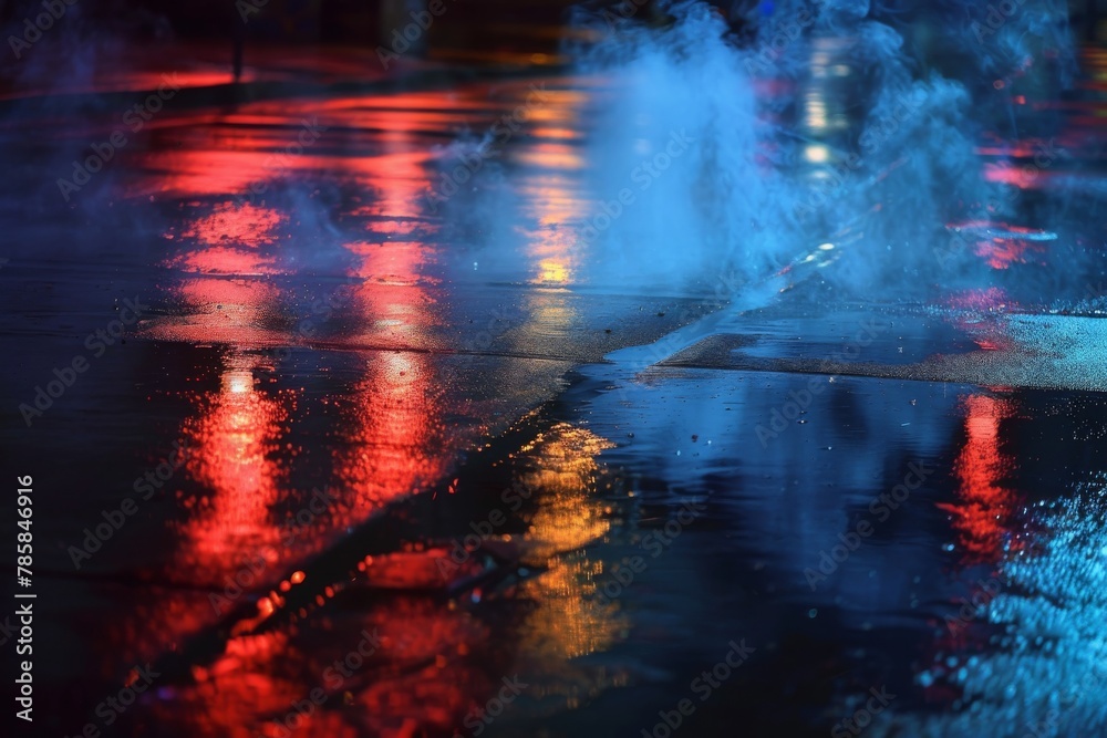Neon lights and smoke on wet street