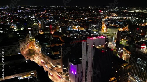 Illuminated Tall Buildings During Night at Central Birmingham City of England Great Britain. March 30th, 2024