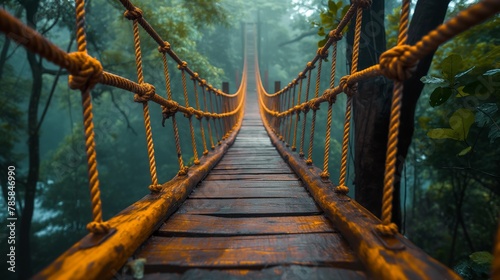 Mystical rope bridge disappearing into foggy forest, creating a sense of adventure and exploration, concept of mystery and journey into the unknown photo