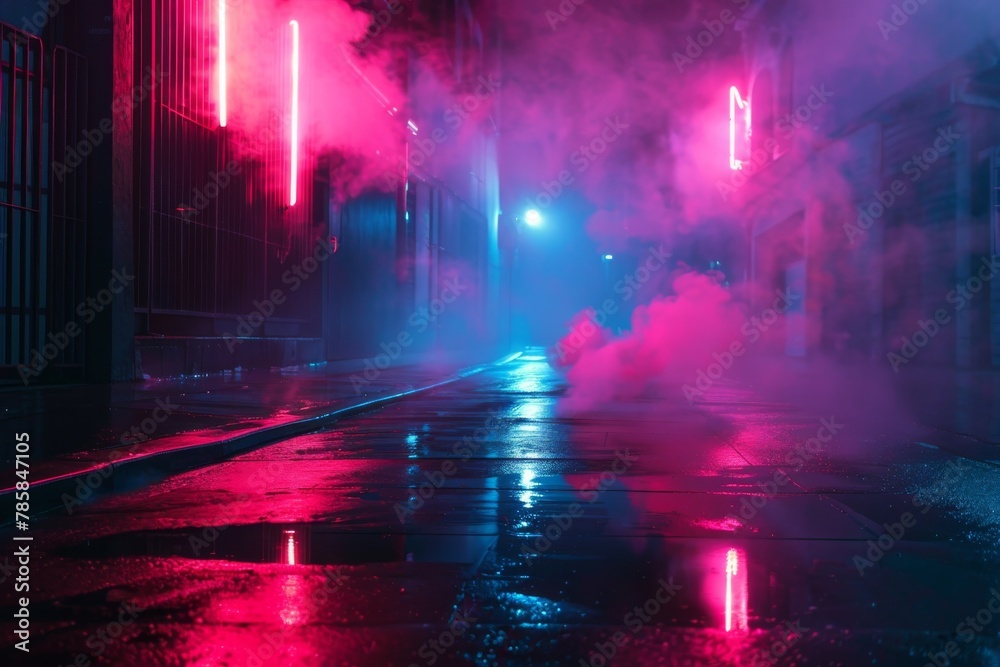 Neon lights and smoke on wet street