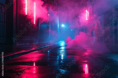 Neon lights and smoke on wet street photo