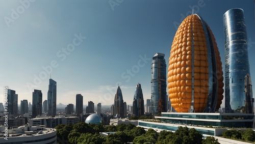 A futuristic city where buildings are shaped like fruits, such as a banana skyscraper and an orange dome, under a clear blue sky Generative AI