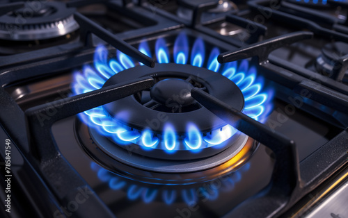 Close up of blue flames burning on gas stove. Panel from steel with a gas ring burner.
