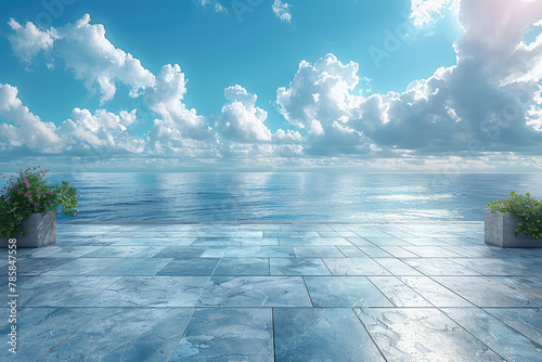 A blue sky with white clouds, the sea in front of it is calm and clear, there's some sunlight shining on an empty square floor made up of large rectangular tiles. Created with Ai