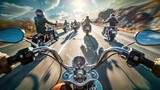 A convoy of cruiser-chopper motorcycle enthusiasts roaring down the open road, their engines humming in harmony as they carve through the wind.
