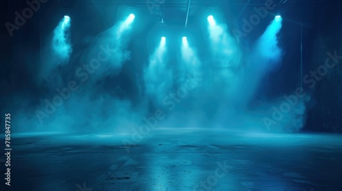 Against a backdrop of deep blue, neon lights and spotlights illuminate an empty space. Wisps of smoke hover above the concrete floor.