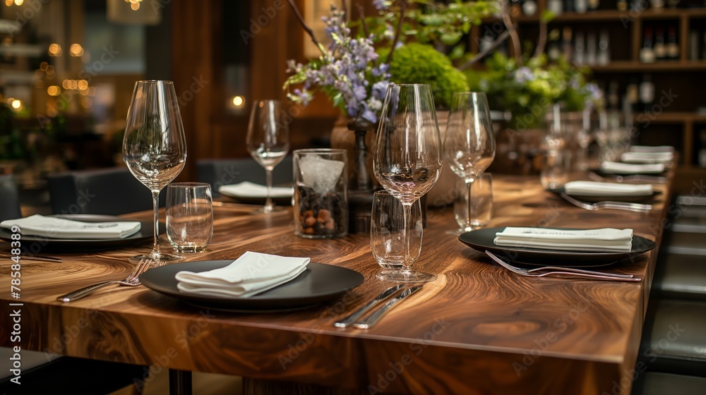 Elegantly set restaurant table with gleaming glassware, concept of fine dining and upscale culinary experiences