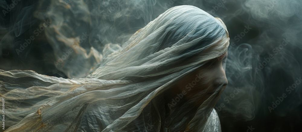 A mature woman wearing a head veil and with elegant white hair standing ...