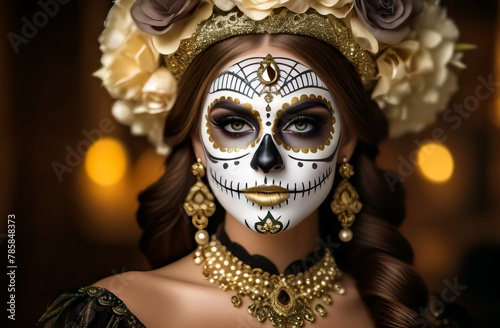 Colorful sugar skull makeup transforms this woman's face into a work of art