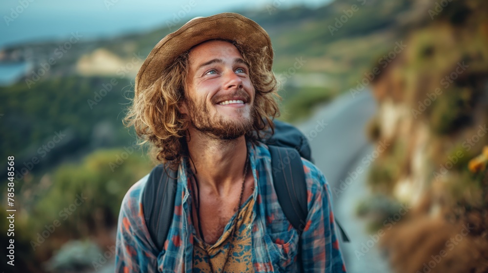 Happy male hiker with backpack looking skyward, concept of freedom and joy in nature exploration Happy male hiker with backpack looking skyward, concept of freedom and joy in nature exploration