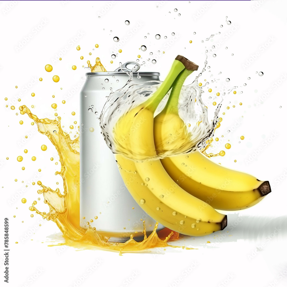 Mockup soft drink with silver can, banana and yellow splash isolated on white background, ready for object and retouch design. Generative AI