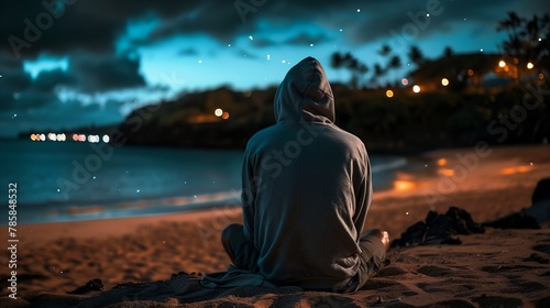 man sitting beach night looking out ocean stars sky electronic hardcore music hoodie standing lost chill summer connecting life place photo