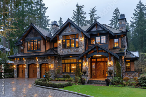 A beautiful luxury house in the woods of British Columbia with stone and wood details, black trim on the windows, lights shining through. Created with Ai