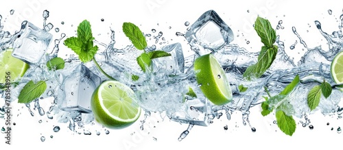 Lime slices and ice cubes are in close view, surrounded by splashes of water, creating a refreshing and vibrant composition