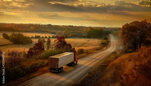 truck driving down country road fall landscape background sunset clouds shipping docks vista professional medium length scary empty liminal spaces refrigerated storage facility summer aerial