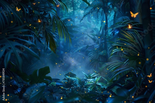 Fireflies in tropical forest with green leaves at night