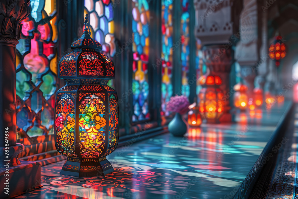  A beautifully crafted lantern with intricate patterns, glowing softly in the darkness surrounded by blooming flowers and lush greenery symbolizing Ramadan's spiritual light. Created with Ai