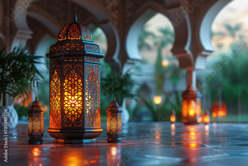  A photo of an ornate Arabic lantern standing in the center, casting warm light on its intricate designs and surrounded by glowing candles. Created with Ai
