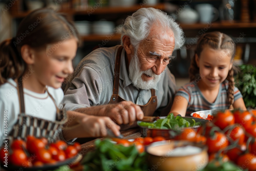 Grandfather with two granddaughters, engaging in a joyful kitchen task, sorting through fresh, vibrant vegetables.