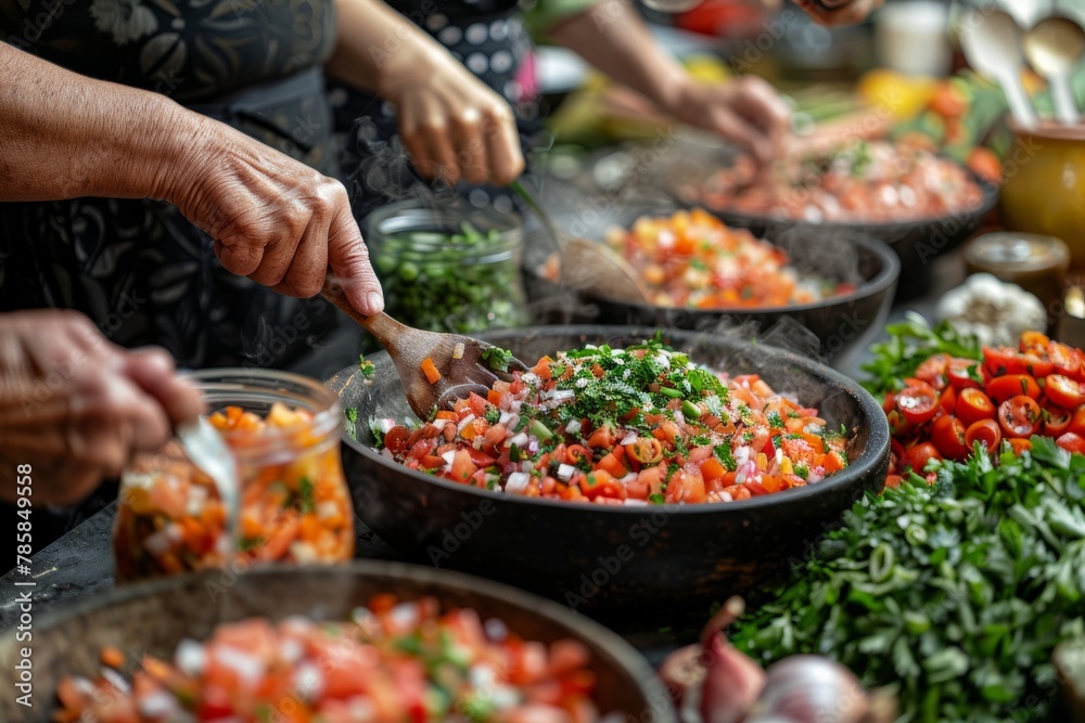 Hands garnishing a vibrant, freshly chopped salsa with herbs in a bustling kitchen setting.