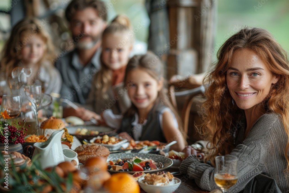 A joyful family mealtime with a mother at the foreground, the table laden with fresh breakfast fare and warm smiles. A joyful family mealtime with a mother at the foreground, the table laden with fresh breakfast fare and warm smiles.