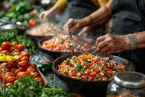 Hands garnishing a vibrant, freshly chopped salsa with herbs in a bustling kitchen setting.