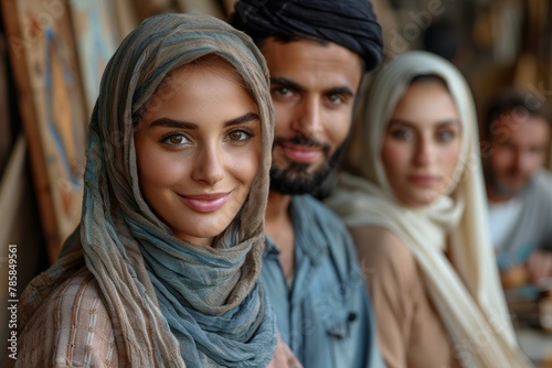 Smiling woman in a blue headscarf, with two companions, portraying warmth and cultural beauty.