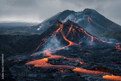 Erupting volcano with streams of molten lava