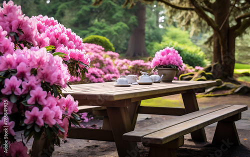 Wooden table and chairs in the park with pink rhododendron flowers