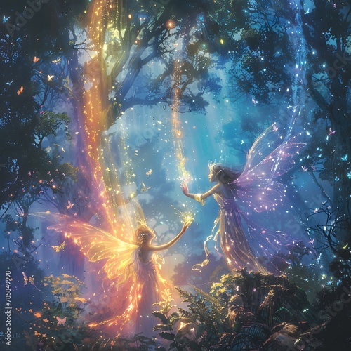 Ethereal Fairytale Fairies Casting Magical Spells in Mystical Pastel Forest