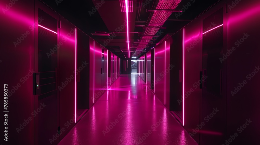 Hightech startup corridor, glowing pink lights, dark floors, long shot