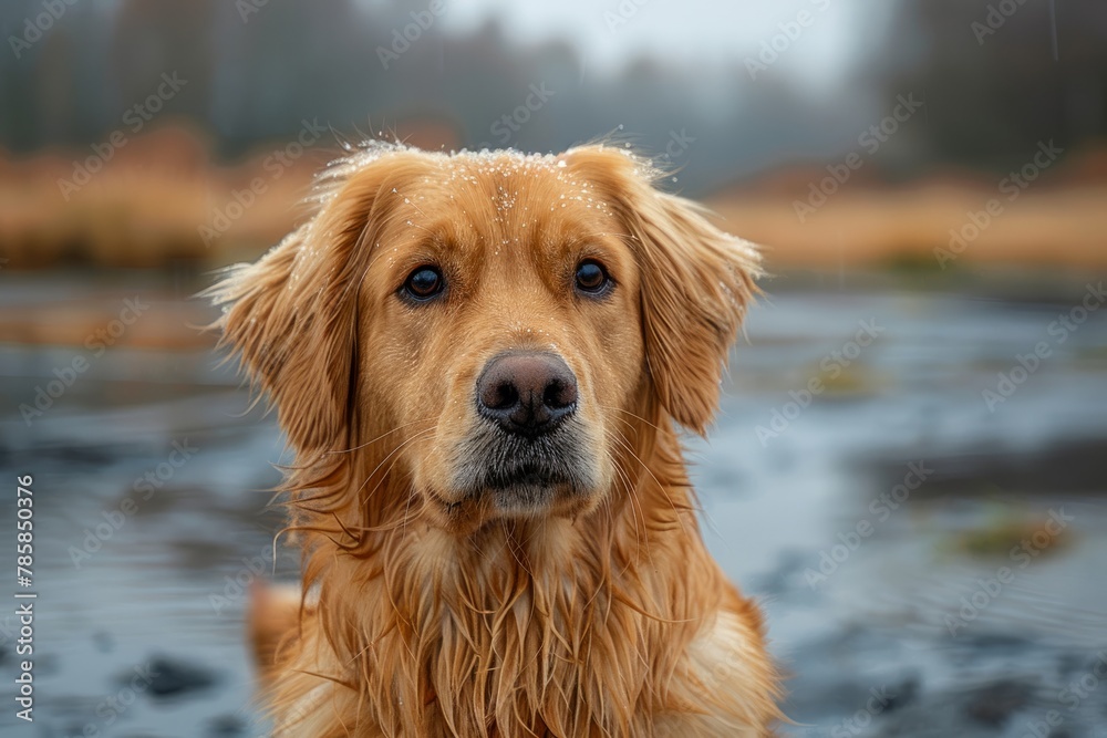 Golden Retriever with wet fur looking intently, with a water backdrop, outdoors.