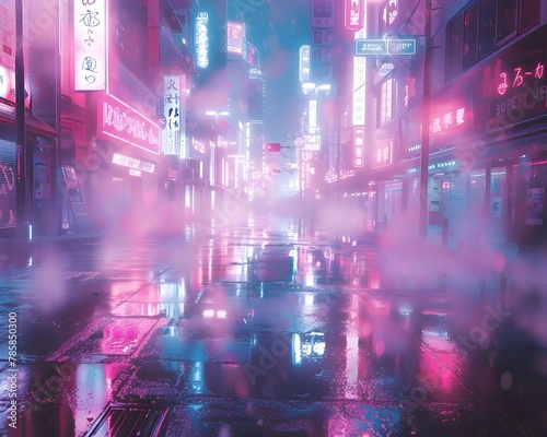 Futuristic Neon Tinged Urban Street with Dreamy Pastel Mists and Vibrant Reflections