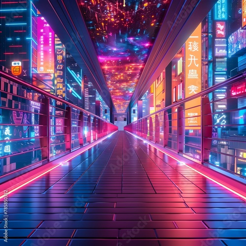 Neon Lit Walkway A Futuristic Urban Landscape Bathed in Vibrant Lights and High Tech Ambiance