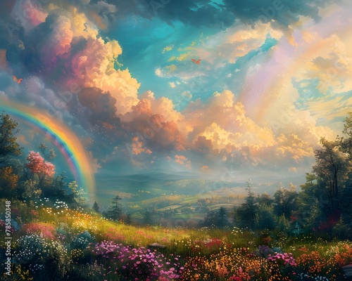 Dreamy Landscape with Vibrant Rainbow Pastel Clouds and Peaceful Meadow Scene © Nurfadeelah