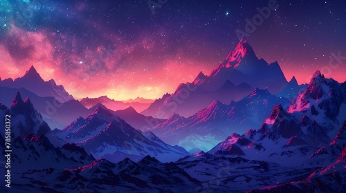 Neon Lit Futuristic Mountain Landscape Under Vibrant Starry Sky