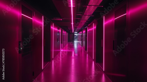 Hightech startup corridor  glowing pink lights  dark floors  long shot