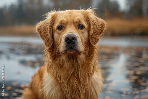 Golden Retriever with wet fur looking intently, with a water backdrop, outdoors.