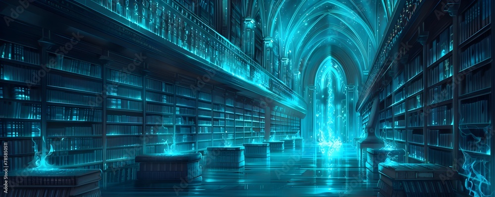 Obraz premium Mystical Neon Lit Fantasy Library Showcasing the Contrast Between Shadow and Brilliance