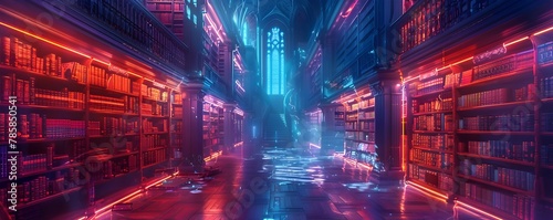 Mystical Fantasy Library with Neon Illuminated Bookshelves Creating Dramatic Contrast and Atmosphere