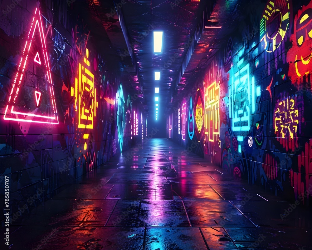 Neon lit Secretive Urban Path with Futuristic Symbols Illuminating the Mysterious Darkness