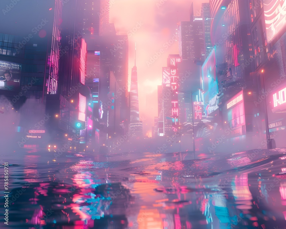 Neon Drenched Futuristic Urban Street with Pastel Mists and Candy Colored Visuals in a Dreamy Landscape