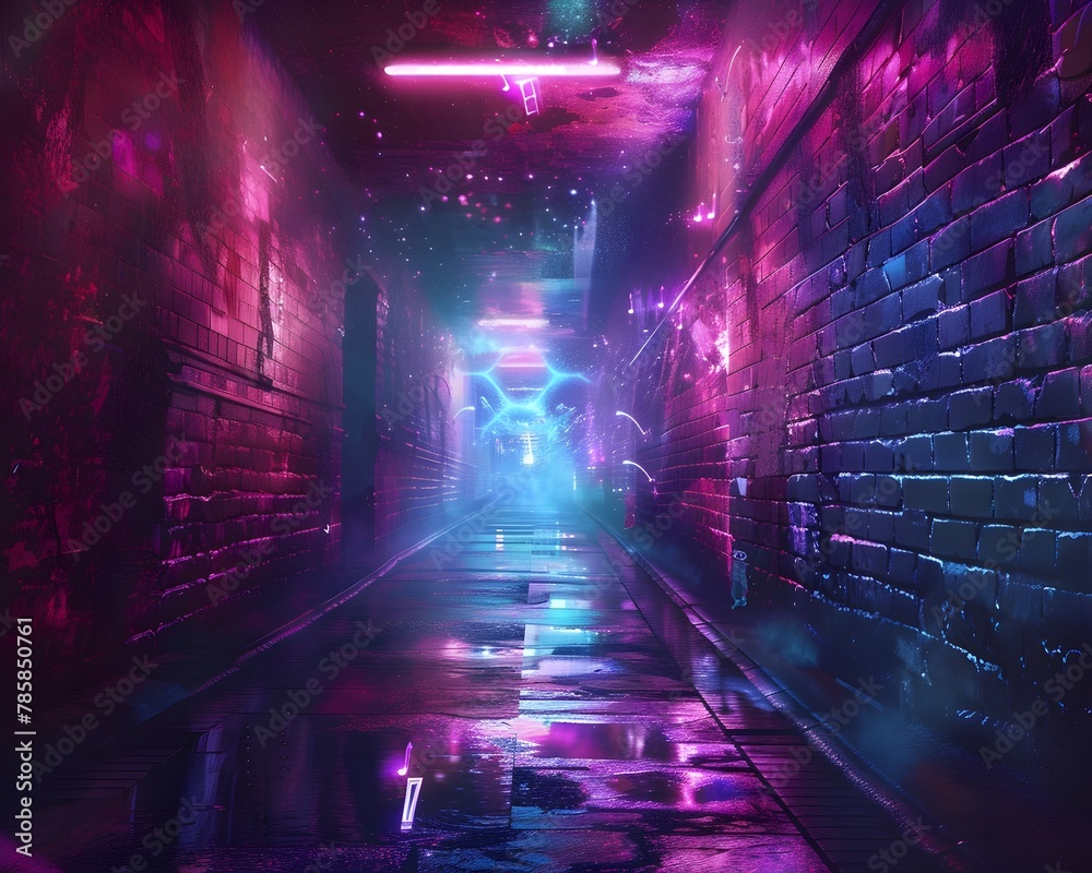 Secretive Neon Lit Urban Passage with Futuristic Symbols