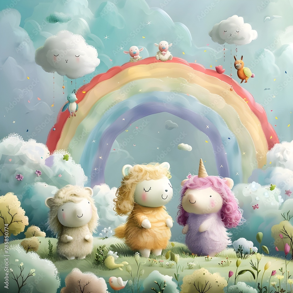 Whimsical Pastel Landscape with Prancing Fluffy Animals Under Rainbow Sky Whimsical Pastel Landscape with Prancing Fluffy Animals Under Rainbow Sky