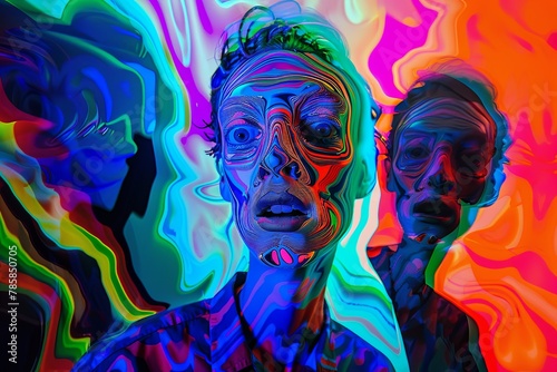 Psychedelic composition featuring distorted faces and twisted figures  conveying the disorienting sensation of fear and anxiety  dream-like effect Concept photography  surrealism