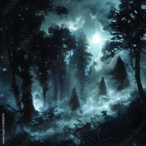 Enchanting Woodland Spirits Weaving Ethereal Magic in Moonlit Glade photo