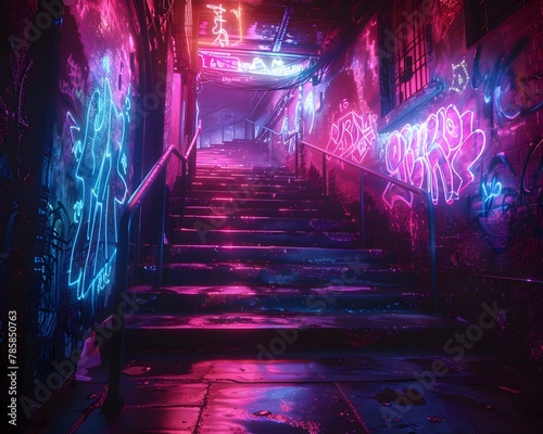 Vibrant Neon Lights Illuminate a Secretive Dark Urban Pathway with Futuristic Symbols and Mysterious Elements