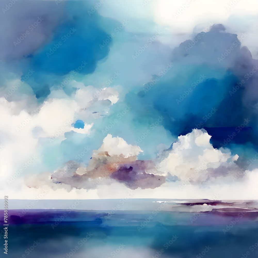 seascape with clouds, minimalistic abstract rendition, watercolor and oil paint style --