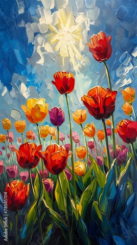 field flowers sun background glass tulips singularities radiate connection reaching sky oil